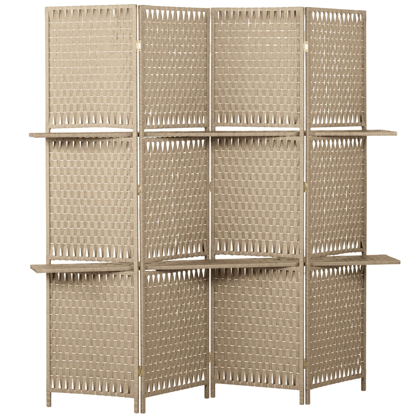 4-Panel Room Divider with Shelves, Wave Fibre Freestanding Folding Privacy Screen Panels, Partition Wall Divider for Indoor Bedroom Office, 180 cm, Natural Wood Finish