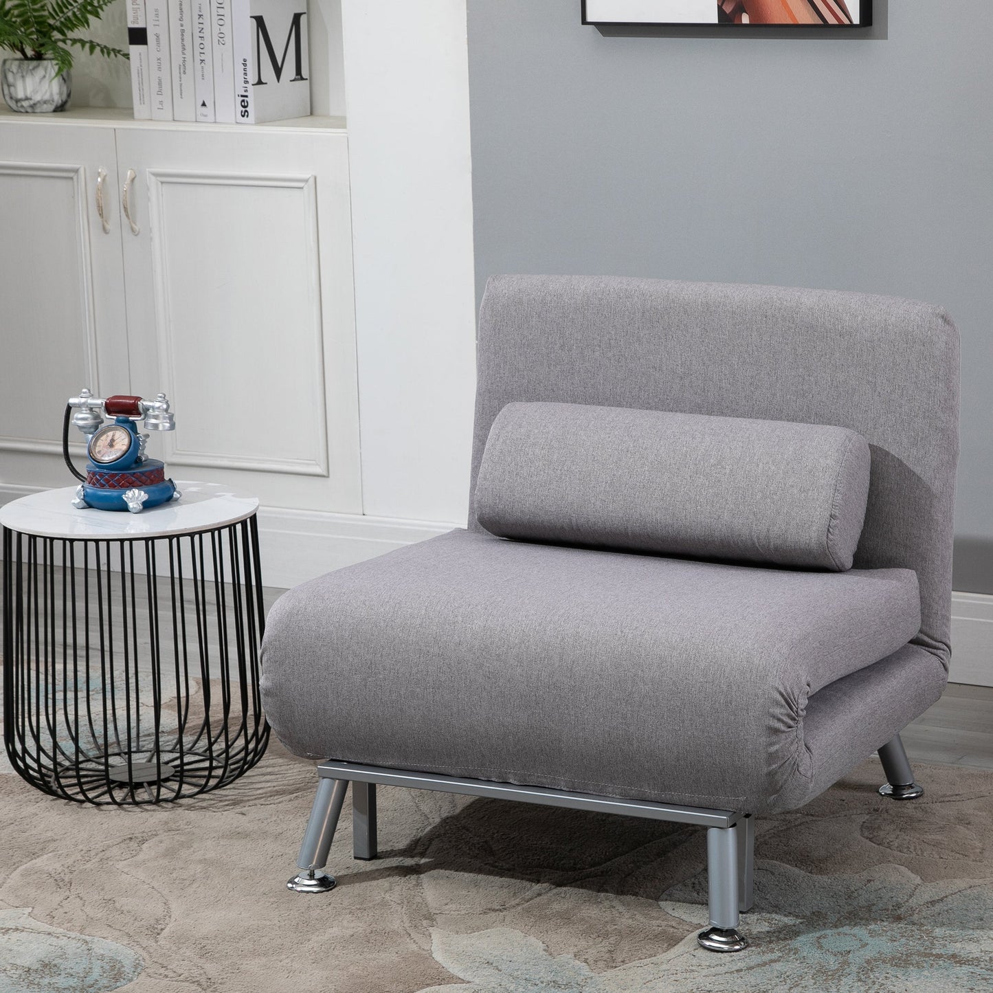 HOMCOM Linen Single Chair Bed, 3-in-1 Convertible Sleeper Chair with Adjustable Backrest, Pillow, for Living Room, Bedroom, Grey