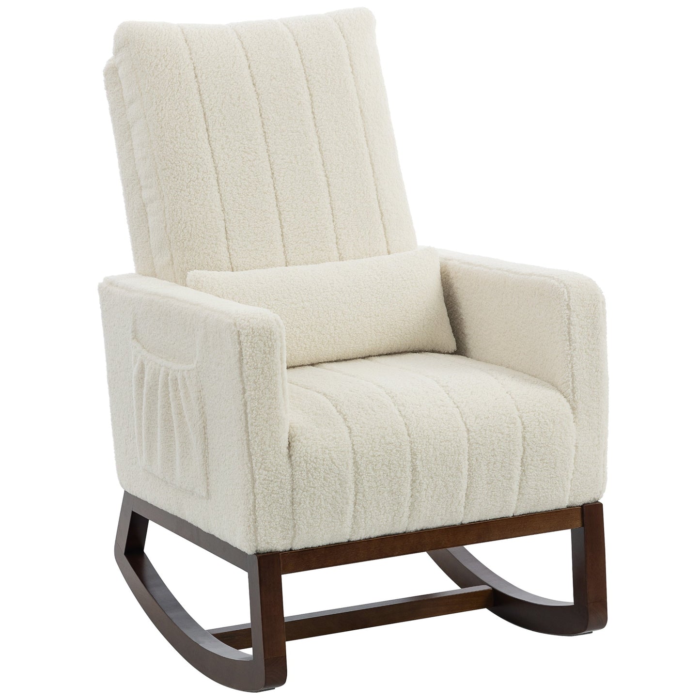 Rocking Chair for Adults, Snow Flannel Upholstered Accent Armchair with Lumbar Pillow, High Back, Wood Base, Side Pockets, Leisure Rocker Lounge Chair for Living Room, Bedroom, Cream White