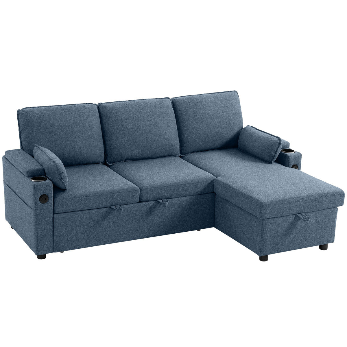 Corner Sofa Bed, L Shaped Sleeper Sectional Sofa with Reversible Storage Chaise, 3 Seater Convertible Pull Out Sofa Bed with Spring Seat, USB Ports, Cup Holders, Pillows for Living Room, Blue