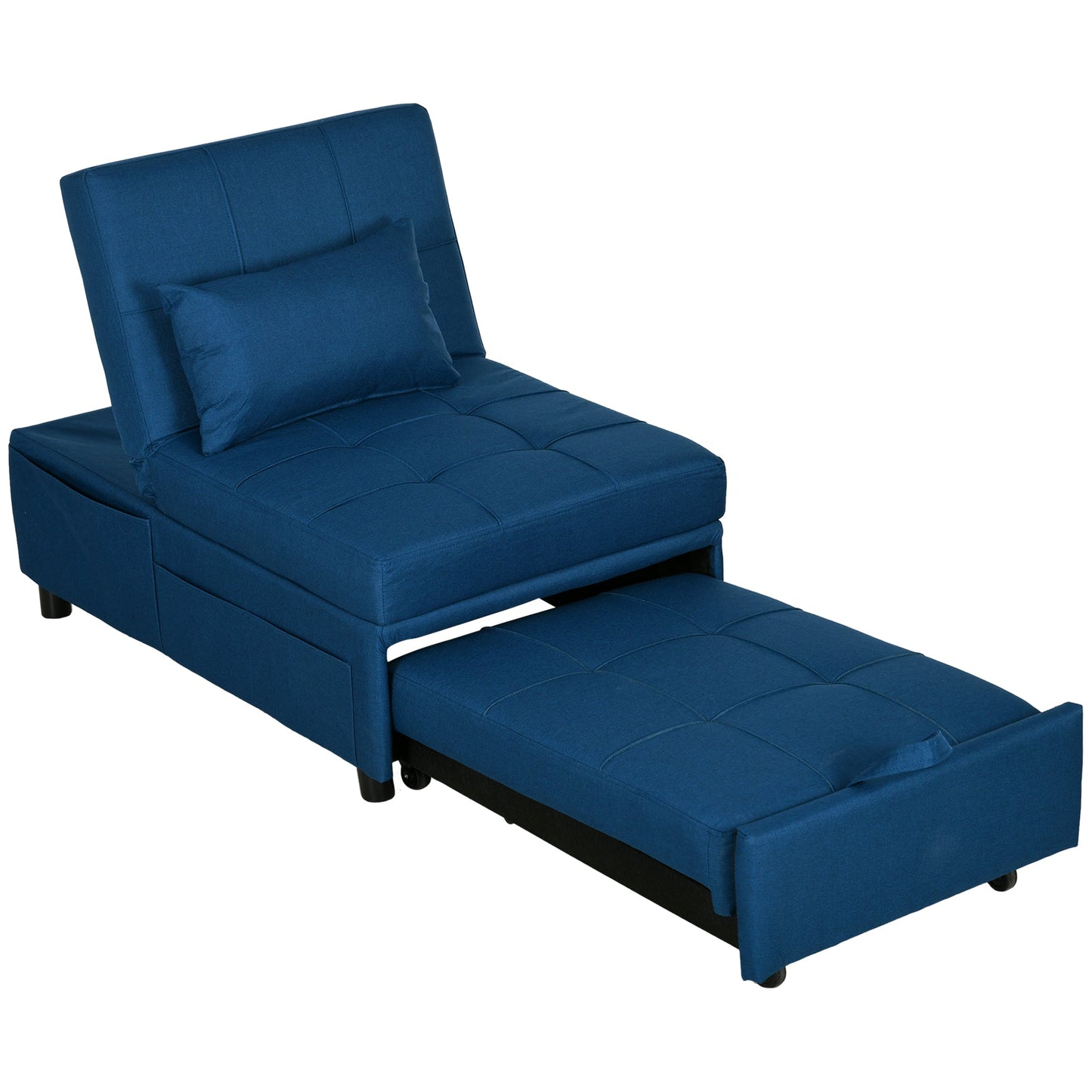 HOMCOM Convertible Chair Bed with Padding Seat, 4-in-1 Multi-Functional Sleeper Sofa Bed, Recliner with Adjustable Backrest, Side Pocket, Wheels and Pillow, for Living Room, Blue