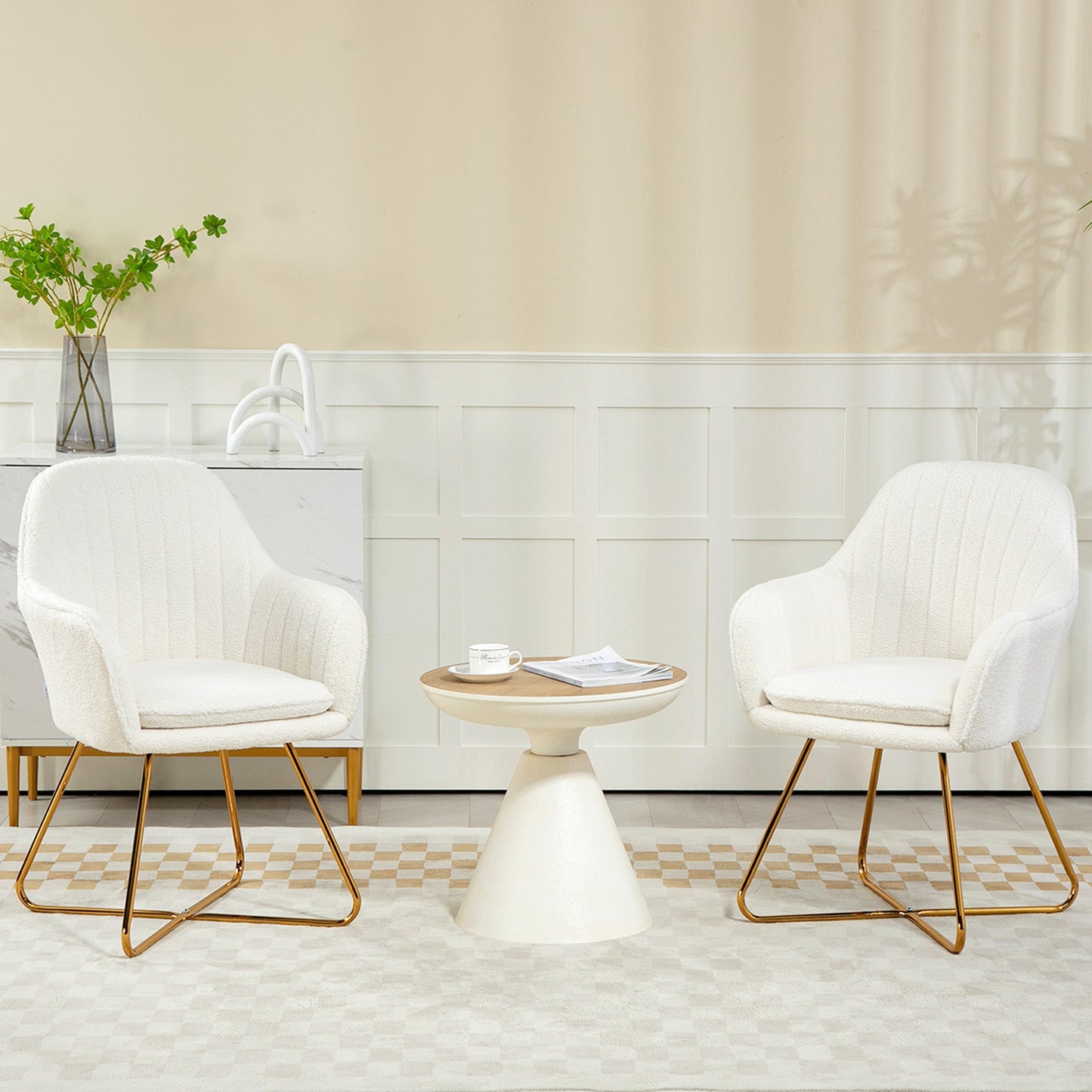 HOMCOM Modern Dining Chair Set of 2, Sherpa Fleece Armchair with Padded Seat, Occasional Bedroom Chair with Cross Steel Legs for Living Room, Cream White