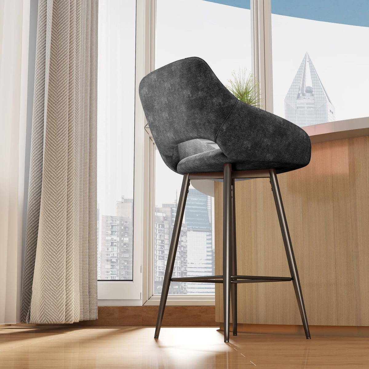 Aura Velvet Bar Stools Set of 2, Velvet-feel Fabric Counter Height Chairs with Steel Legs, Dark Grey - HOMCOM