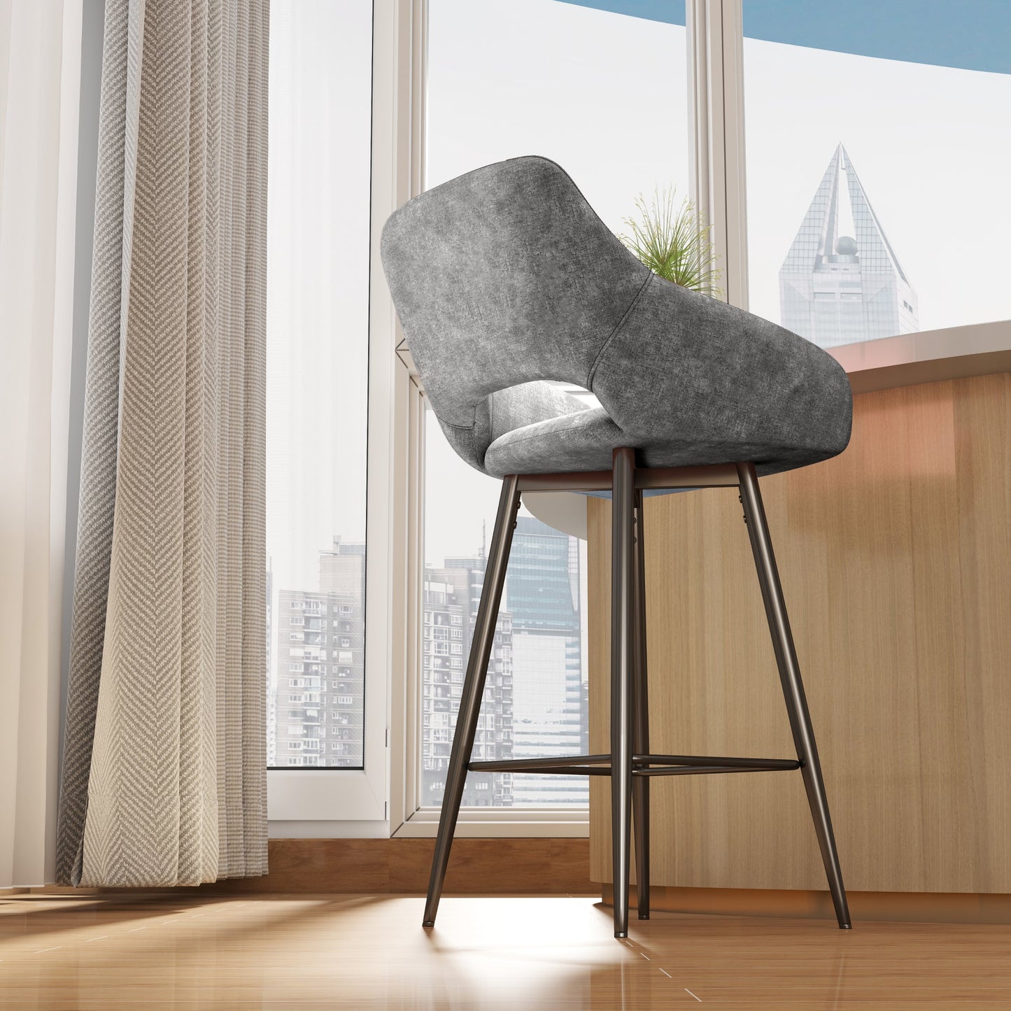 Aura Velvet Bar Stools Set of 2, Velvet-feel Fabric Counter Height Chairs with Steel Legs, Grey - HOMCOM