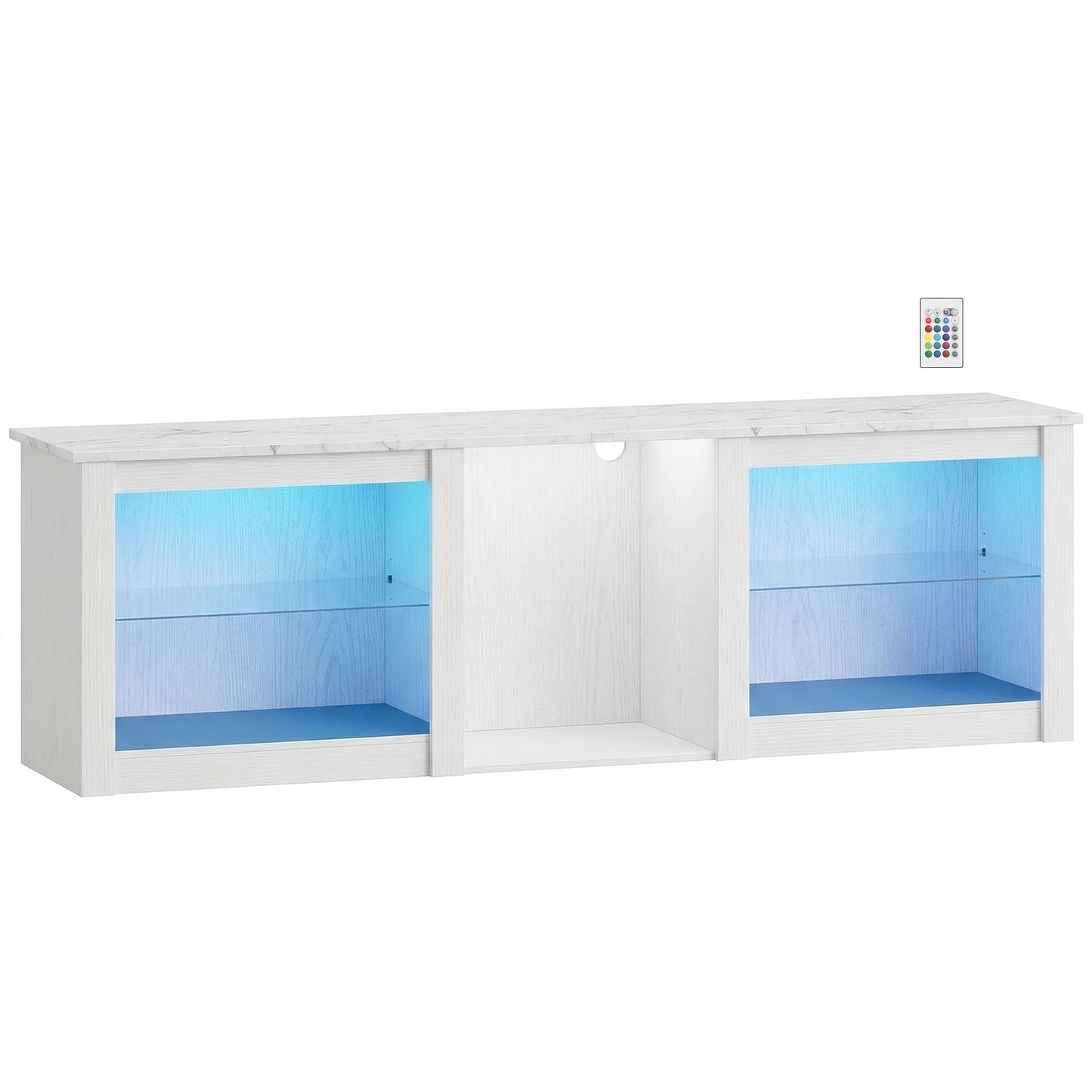 TV Unit with LED Lights for TV up to 70 Inch, 160cm TV Stand Cabinet with Adjustable Glass Shelves, Open Compartments for Gaming Consoles, TV Cabinet for Living Room, Bedroom, White