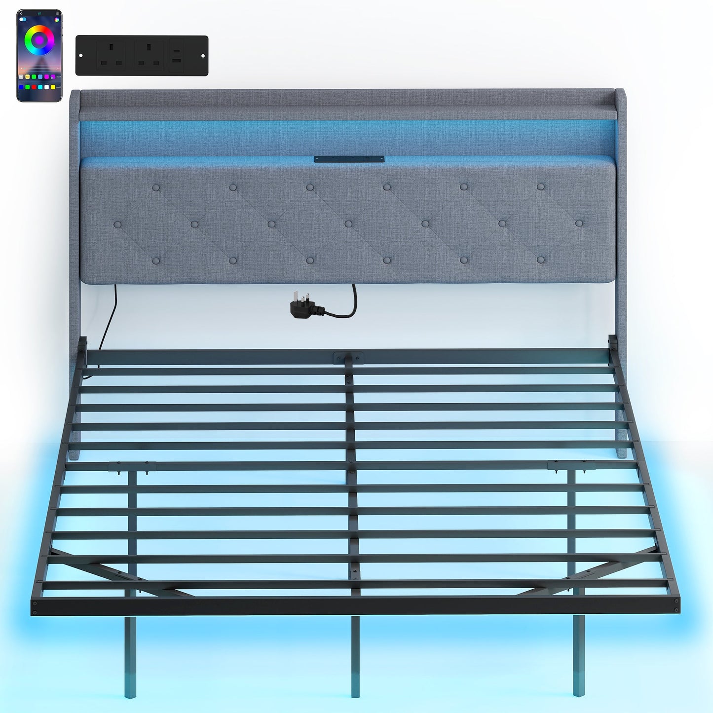 5ft King Size Bed Frame, Floating Bed Frame with Music Sync RGB LED Lights and Charging Station, Upholstered Headboard with Storage Shelves, No Box Spring Needed, Noise Free, Grey