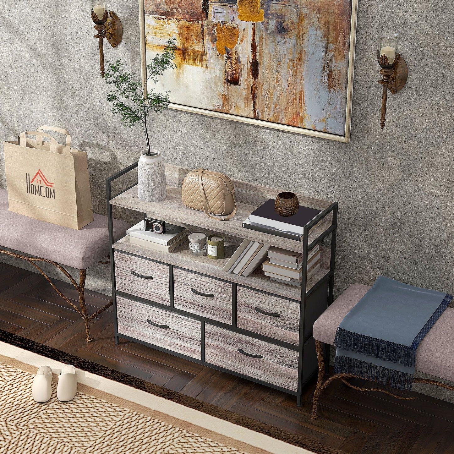HOMCOM Bedroom Chest of Drawers, Fabric Dresser with 5 Drawers, Storage Organiser Unit with Open Shelves and Metal Frame for Living Room, Entryway, Grey Wood Effect