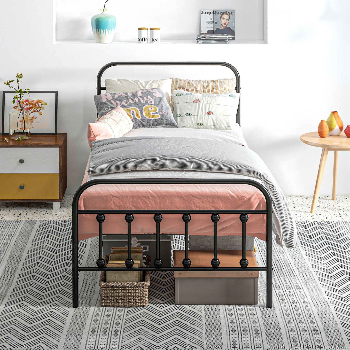 HOMCOM 3ft Single Bed Frame with Underbed Storage, Metal Platform Bed frame with Tall Headboard, Footboard and Steel Slat Support, No Box Spring Needed, Easy Assembly, Black