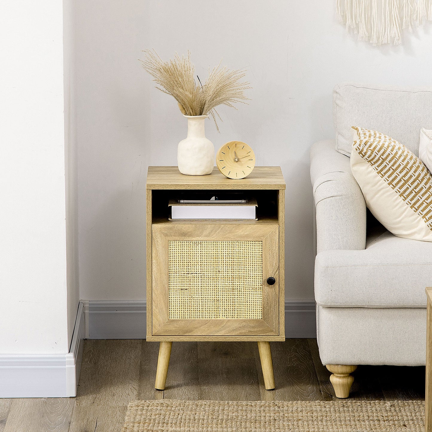 HOMCOM Bedside Table Nightstand with Storage Shelf and Door Cupboard, Side End Table with Rattan Element and Tapered Leg for Living Room, Bedroom, Natural