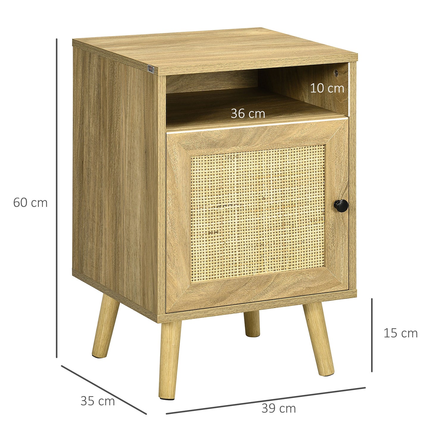 HOMCOM Bedside Table Nightstand with Storage Shelf and Door Cupboard, Side End Table with Rattan Element and Tapered Leg for Living Room, Bedroom, Natural