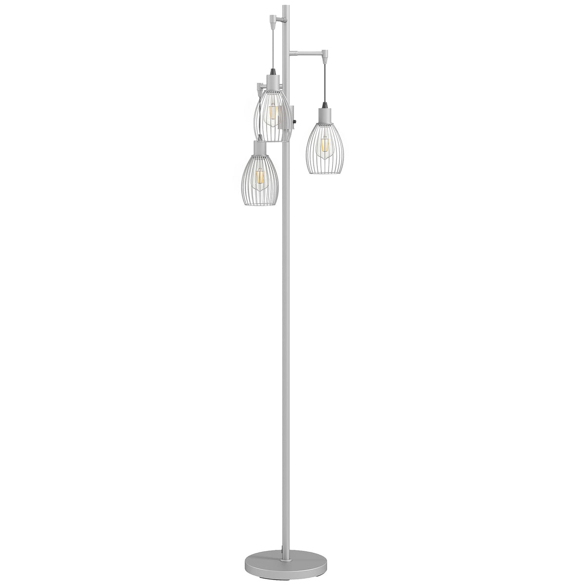 3-Light LED Floor Lamp, 170cm Industrial Dimmable Standing Lamp with Steel Wire Cage Lampshades, 2700K for Living Room, Bedroom, Dining Room, Study, Silver Tone
