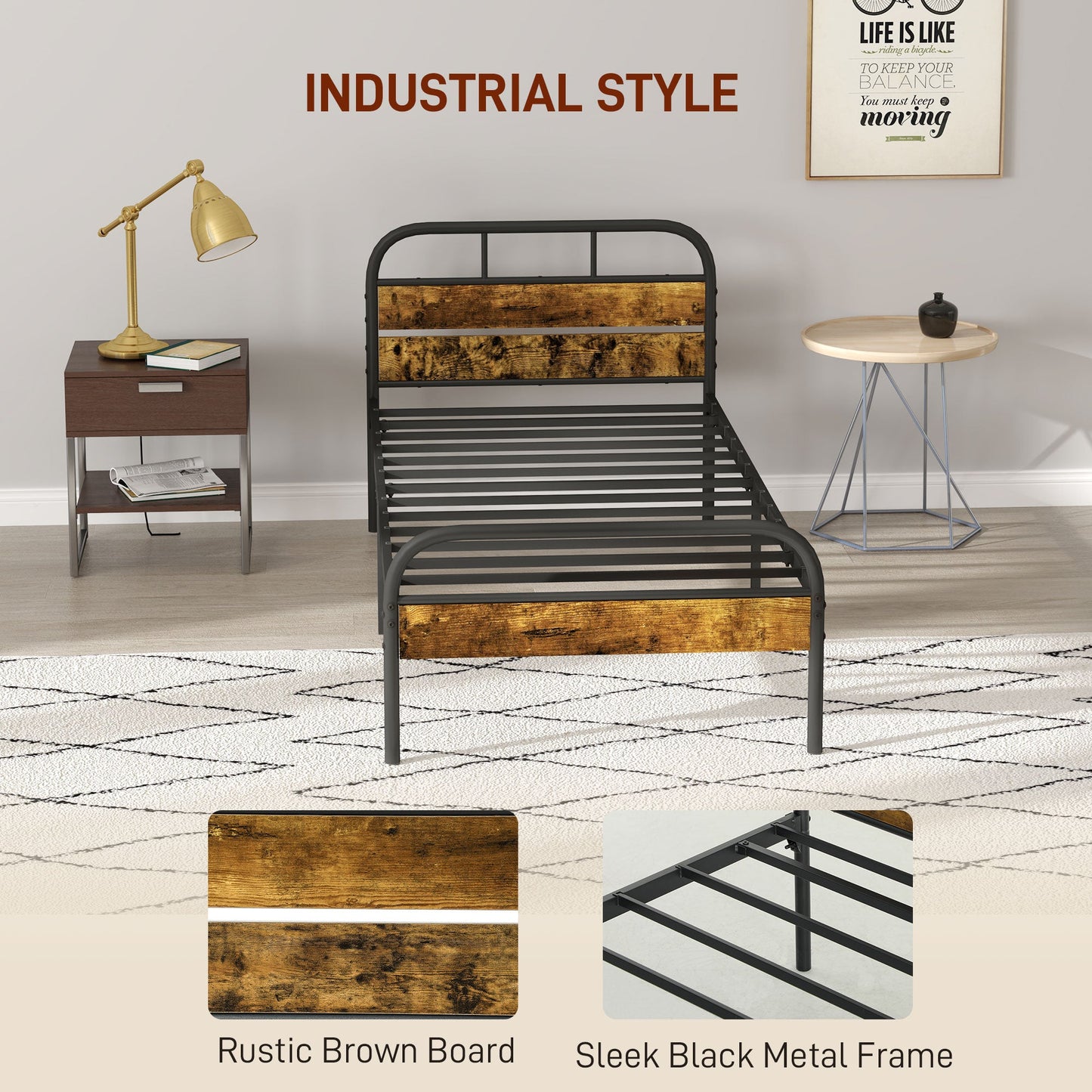 HOMCOM 3ft Single Bed Frame with Headboard, Platform Bed Frame with Underbed Storage, Slat Support, No Box Spring Needed, Easy Assembly, Rustic Brown