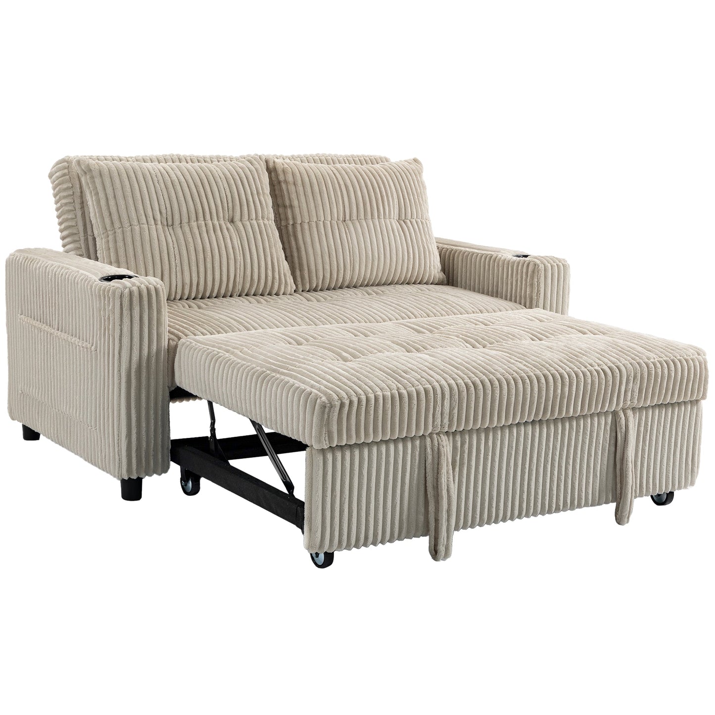 2 Seater Sofa Bed, Corduroy Click Clack Sleeper Sofa with Pull Out Design, 2 Pillows, Cup Holders, Side Pockets, Convertible Loveseat Bed Settee for Living Room, 157x190cm, Cream White