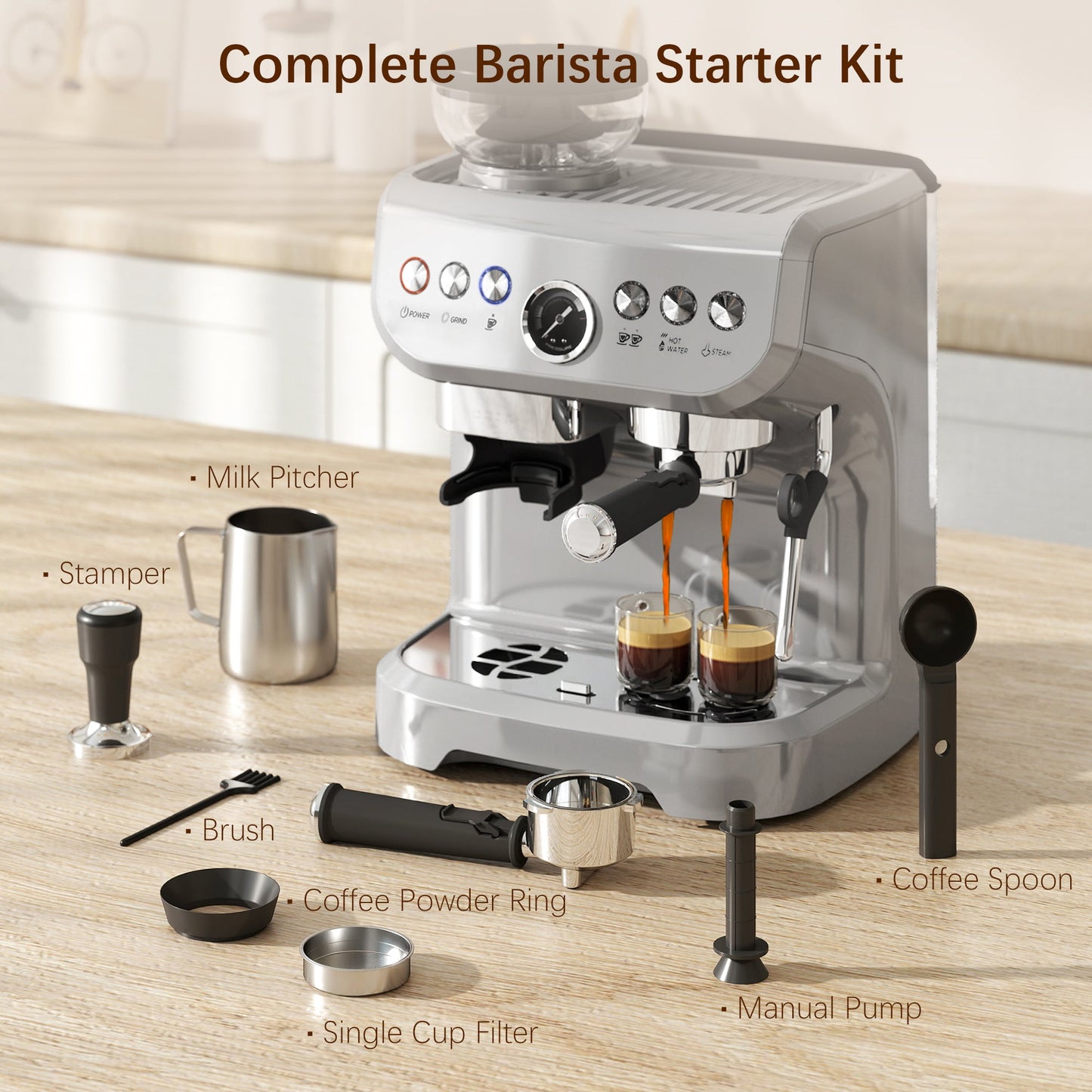 Espresso Machine with Integrated Bean Grinder & Steam Wand, Stainless Steel Silver - HOMCOM