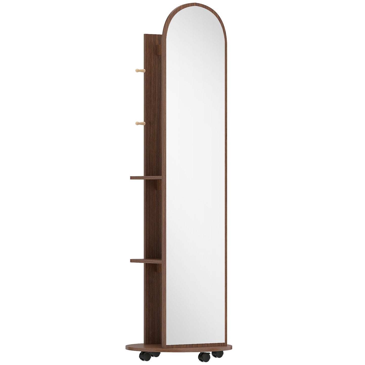 2-in-1 Full Length Mirror with Storage Shelves, Floor Mirror with 4 Universal Wheels, Coat Rack, 4 Hooks, Space-Saving Freestanding Organiser for Bedroom, Living Room, Brown Wood Effect