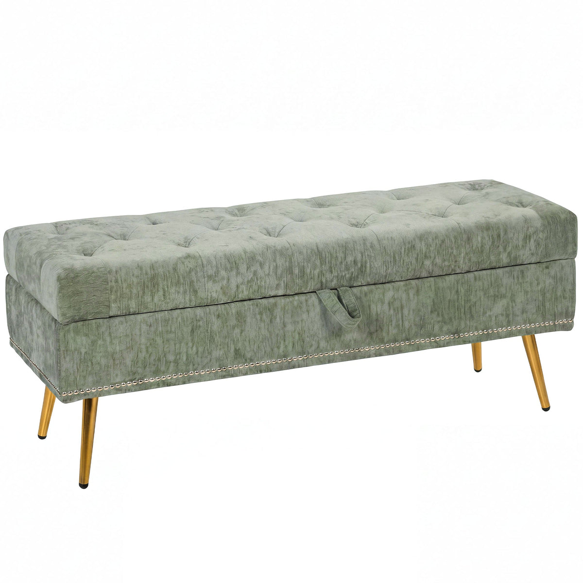 Storage Ottoman, Chenille Upholstered Ottoman Storage Box with Padded Seat, End of Bed Bench with Metal Legs for Bedroom, Hallway, Living Room, 114 x 41 x 45 cm, Light Green