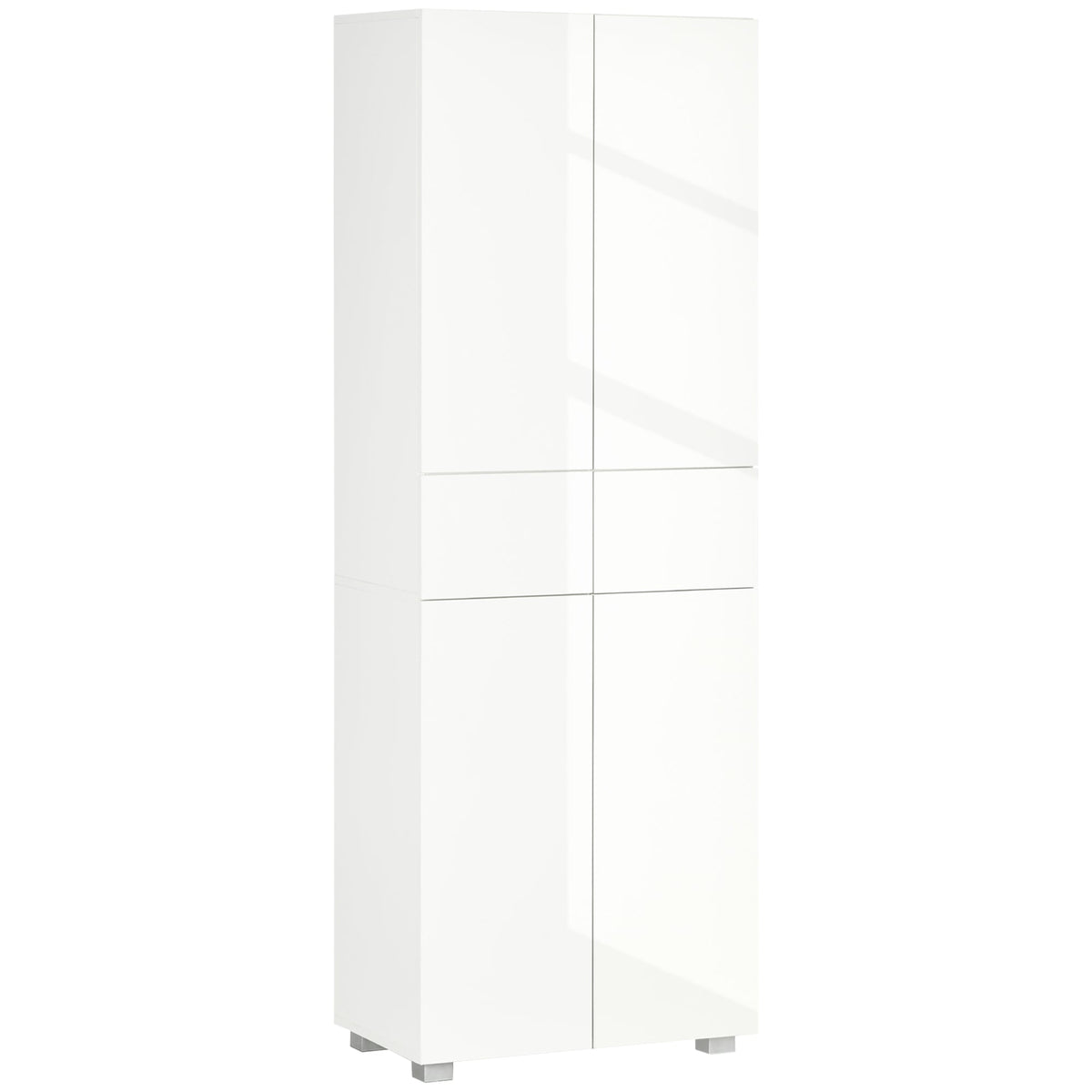 4-Door Kitchen Cupboard, Tall Freestanding 5-Tier Storage Cabinet with 3 Adjustable Shelves, 2 Drawers for Living Room, Dining Room, Push to Open Design, High Gloss White