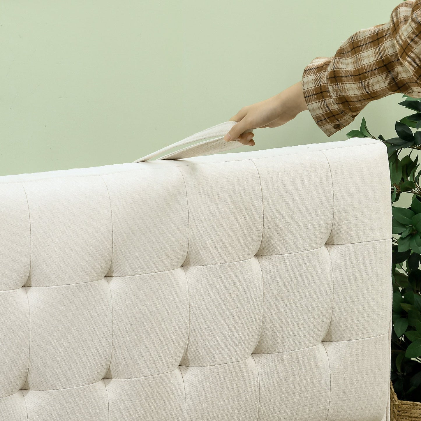 HOMCOM Modern 2 Seater Sofa with Hidden Storage, 117cm Tufted Cotton Couch with Wood Legs, Compact Loveseat for Living Room, Kitchen, Cream White