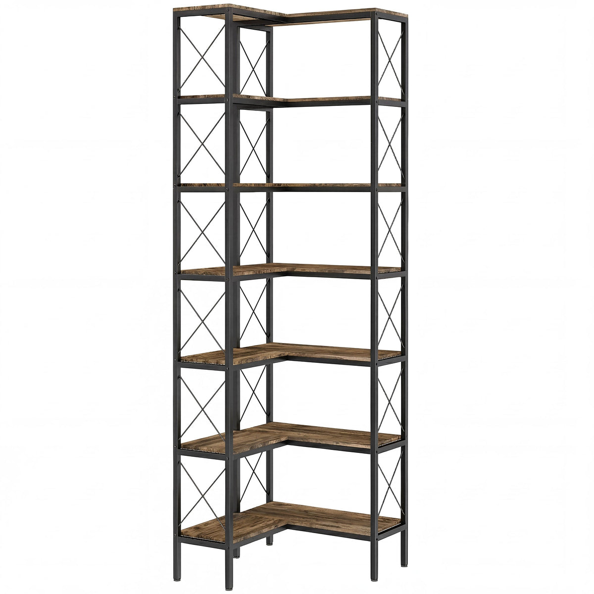 6-Tier Corner Bookshelf, L-Shaped Bookcase, Freestanding Display Shelf with Metal Frame for Living Room, Home Office, Bedroom, 60 x 60 x 200 cm, Rustic Brown