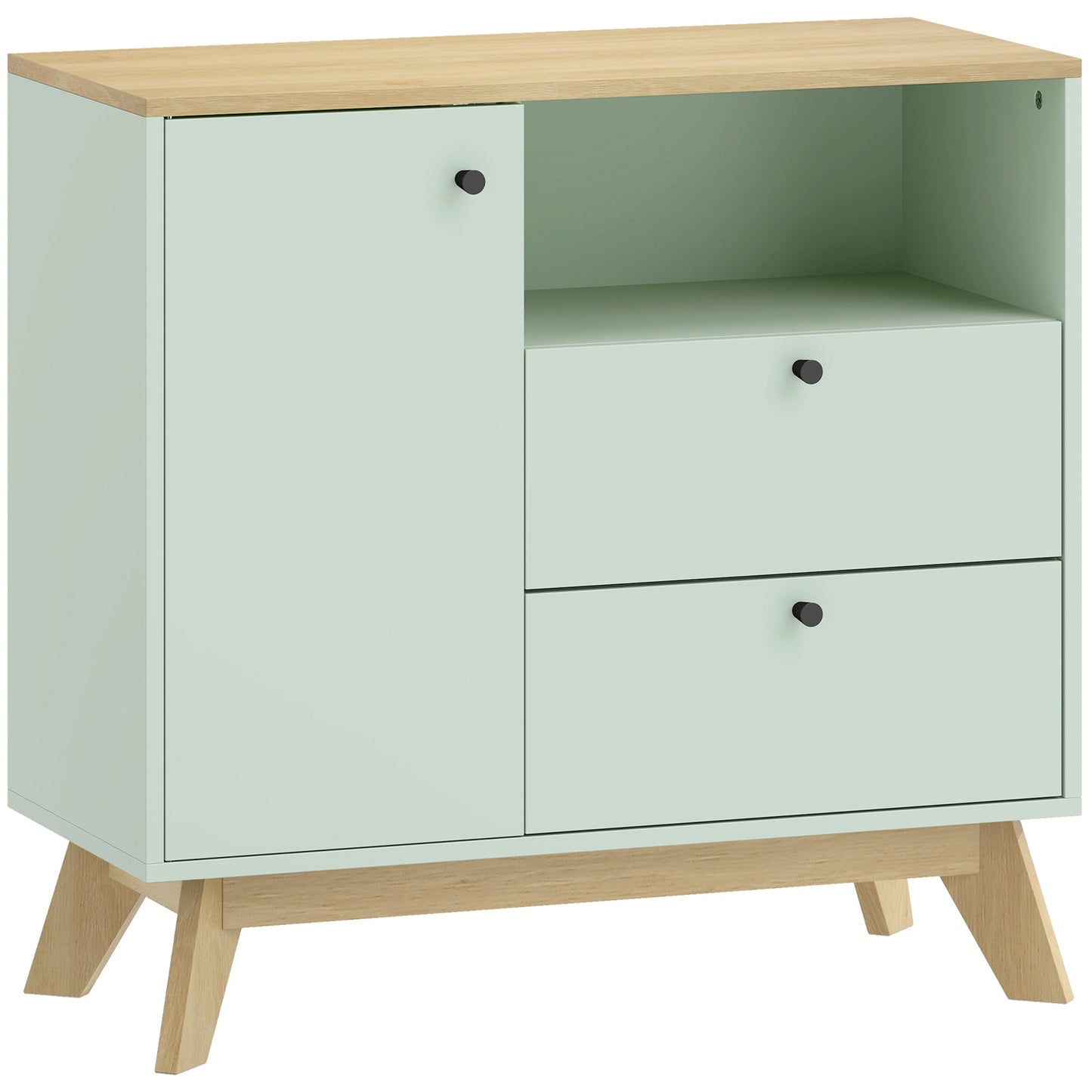Sideboard Storage Cabinet, 80 cm Modern Buffet Cabinet with Door, 2 Drawers, Open Compartment and Adjustable Shelf for Living Room, Dining Room, Kitchen, Light Green and Oak