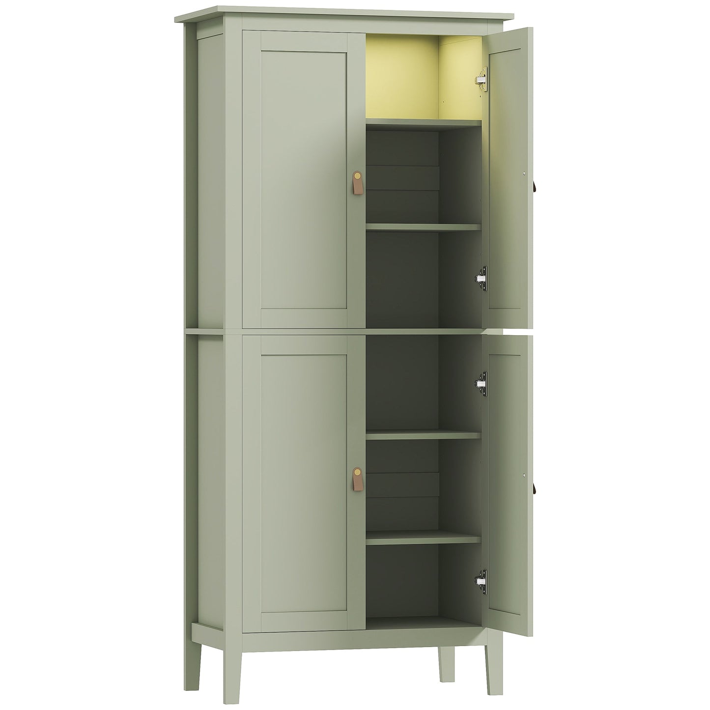 Tall Kitchen Cupboard with Motion Sensor LED Light, 3-Colour Dimmable Lighting, 177 cm Freestanding Storage Cabinet with Doors and Adjustable Shelves, Green