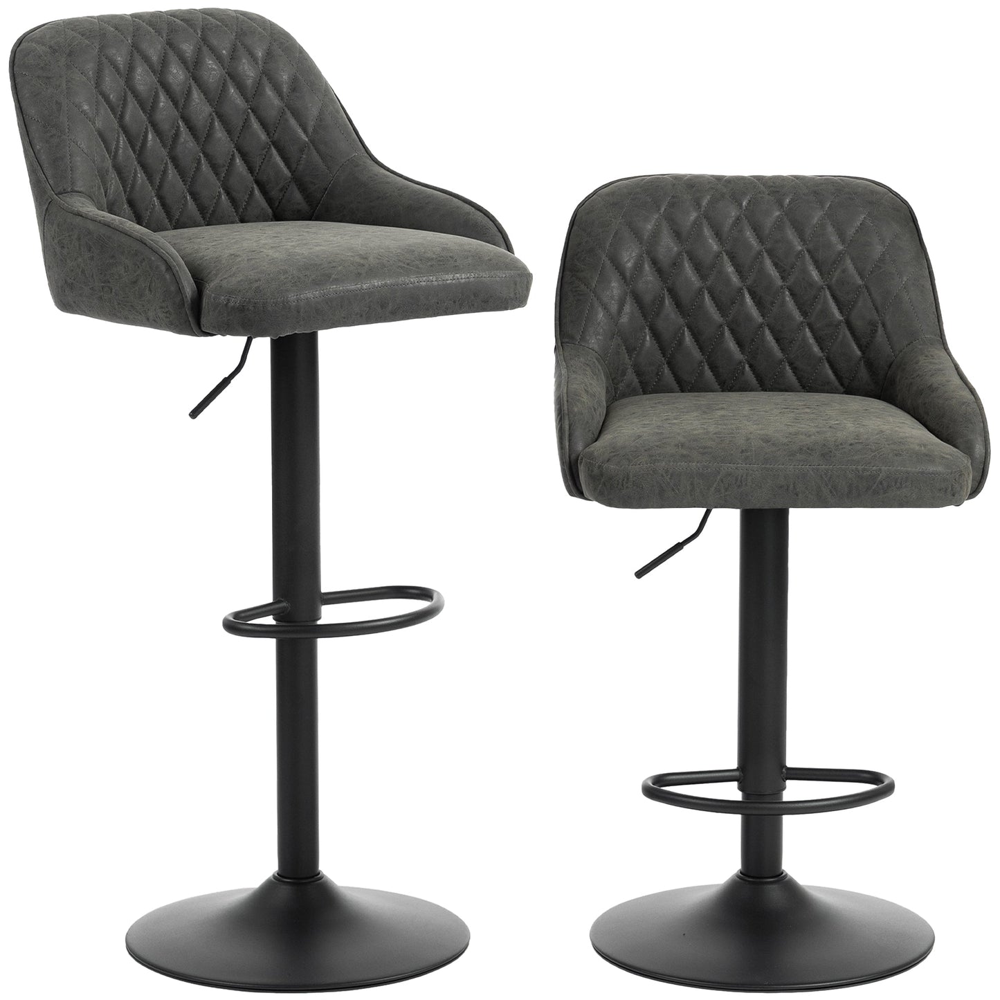 Breakfast Bar Stools Set of 2 with Wide Padded Seat, PU Leather Adjustable Swivel Bar Chairs, Modern Barstools with Footrest for Kitchen Island Counter, Home Bar, Dark Grey