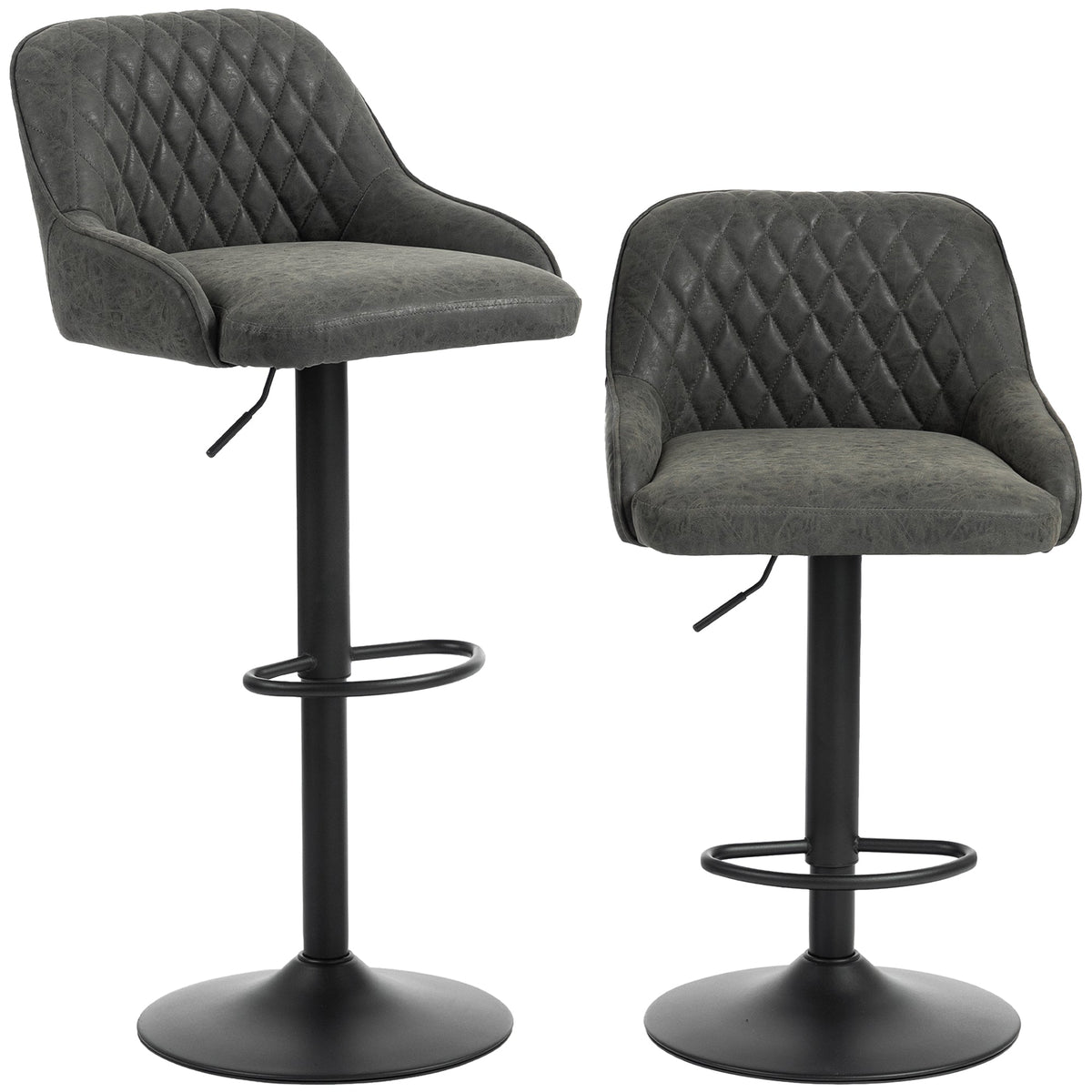 Breakfast Bar Stools Set of 2 with Wide Padded Seat, PU Leather Adjustable Swivel Bar Chairs, Modern Barstools with Footrest for Kitchen Island Counter, Home Bar, Dark Grey