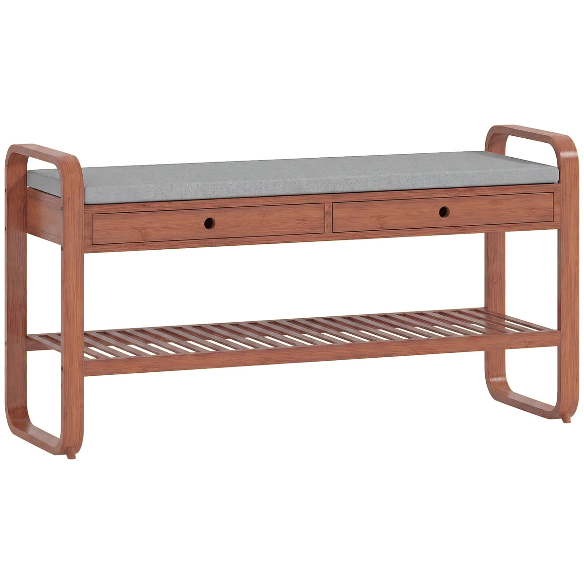 Shoe Bench with 2 Drawers, Shoe Storage Bench with Cushioned Seat, Storage Shelf and Bamboo Frame, 130 kg Weight Capacity, 105 x 33.2 x 55 cm, Dark Brown and Grey