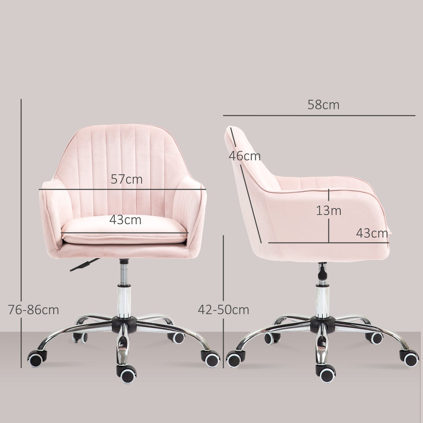 HOMCOM Office Chair, Swivel Desk Chair, Velvet-Feel Fabric Vanity Chair with Adjustable Height and Rolling Wheels for Home Work Study, Pink