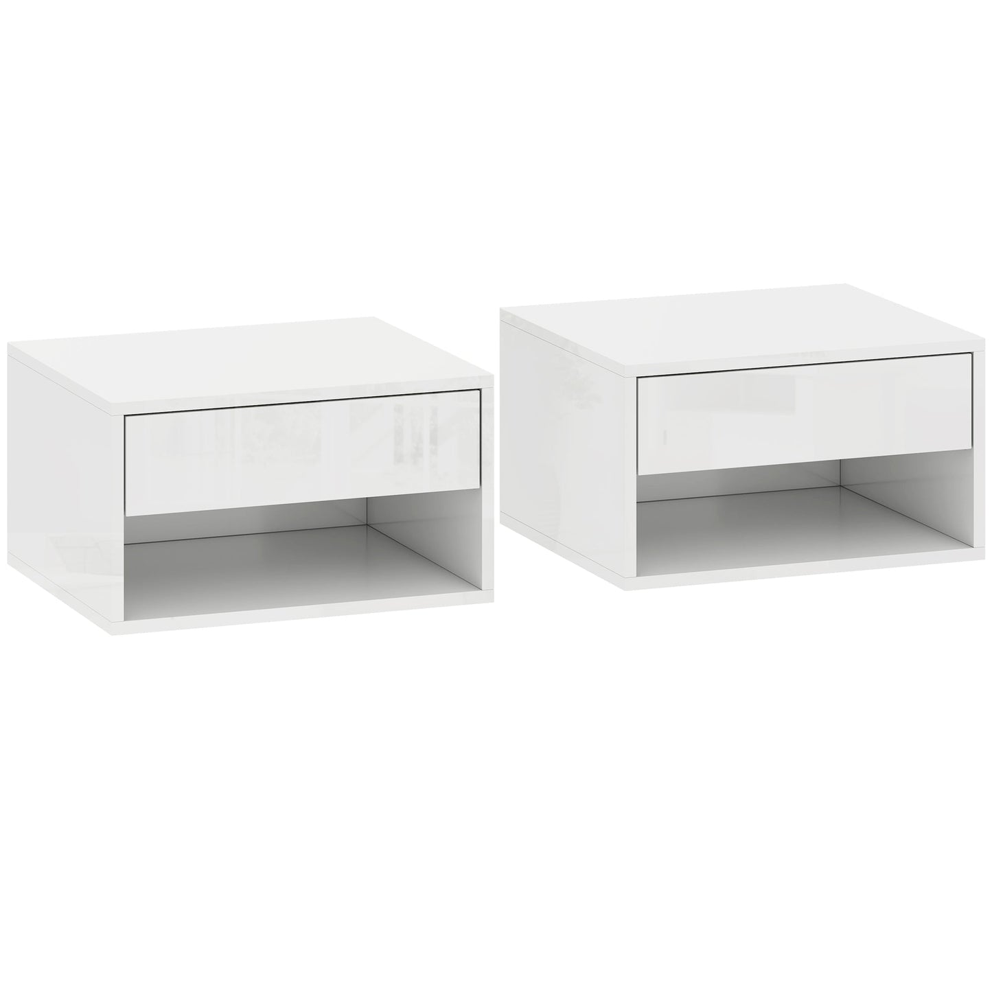 Floating Bedside Tables Set of 2, Wall Mounted Nightstand with Drawer and Open Shelf for Bedroom, High Gloss White