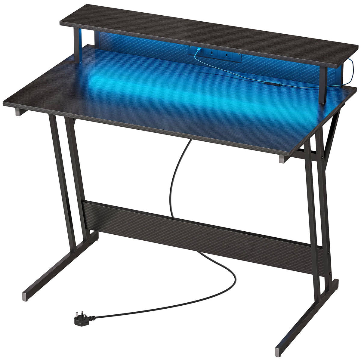 Gaming Desk with LED Lights and Power Outlets, 100 x 60cm Z Shaped Computer Desk with Monitor Stand and Steel Frame, PC Gaming Table for Home Office, Black