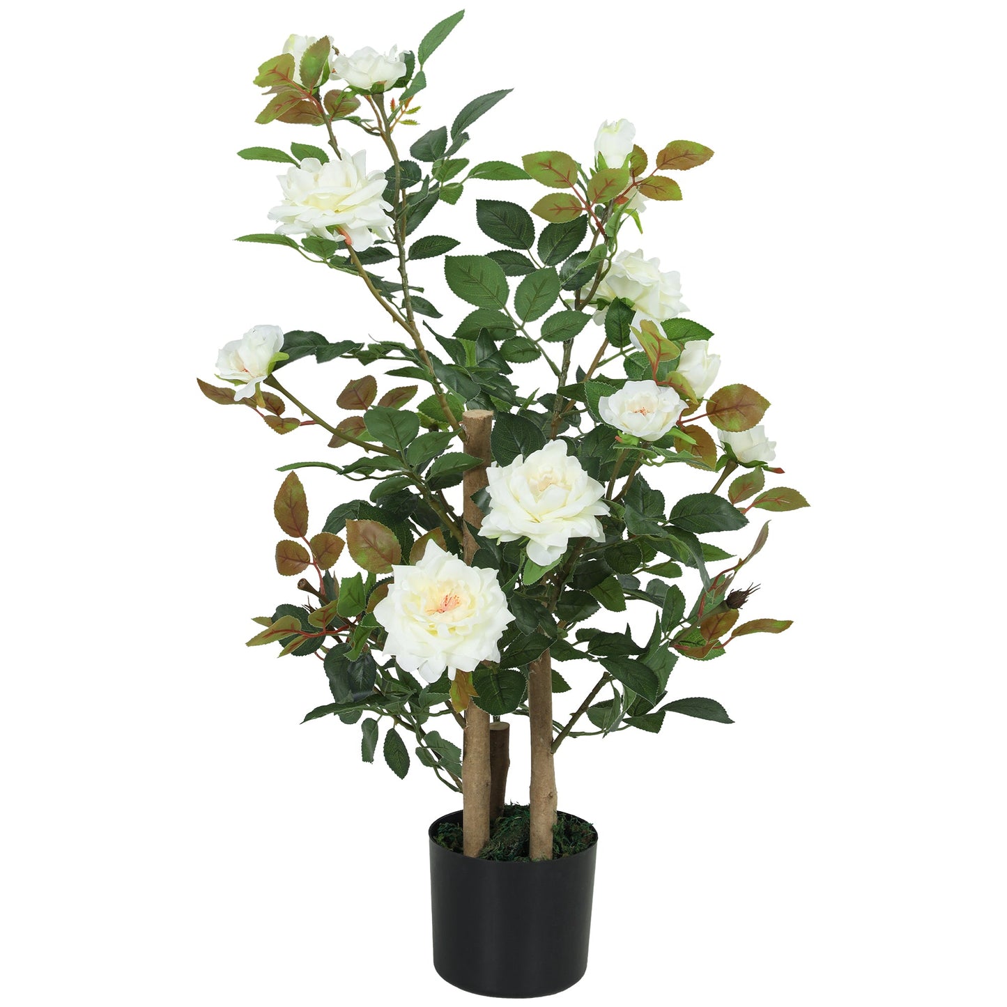 90cm Artificial Rose Tree, Decorative Fake Plant with 344 Silk Leaves and 17 Flowers, UV-Resistant Faux Tree for Outdoor Indoor Garden Porch Decor, White