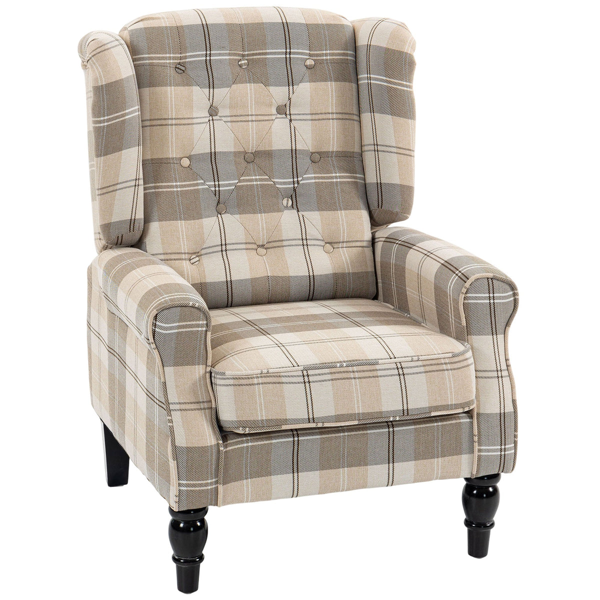 Wingback Accent Chair, Linen-Look Fabric Armchair with Thick Spring Cushion, High Back, Solid Wood Legs, Retro Button Tufted Reading Chair for Living Room, Bedroom, Khaki Plaid
