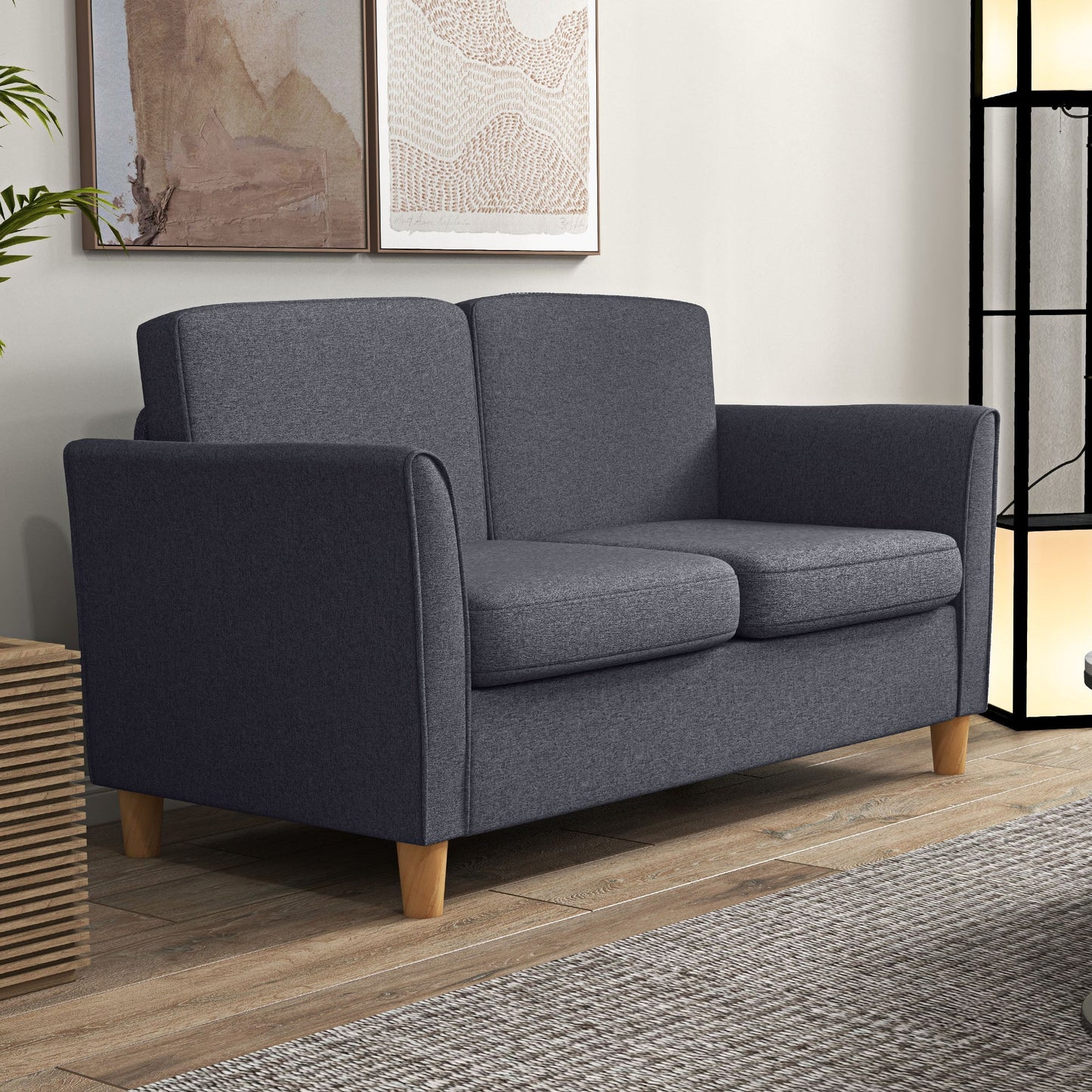 HOMCOM 2 Seater Sofa, Compact Loveseat, Fabric Couch with Wood Legs and Armrest, for Living Room and Home Office Dark Grey