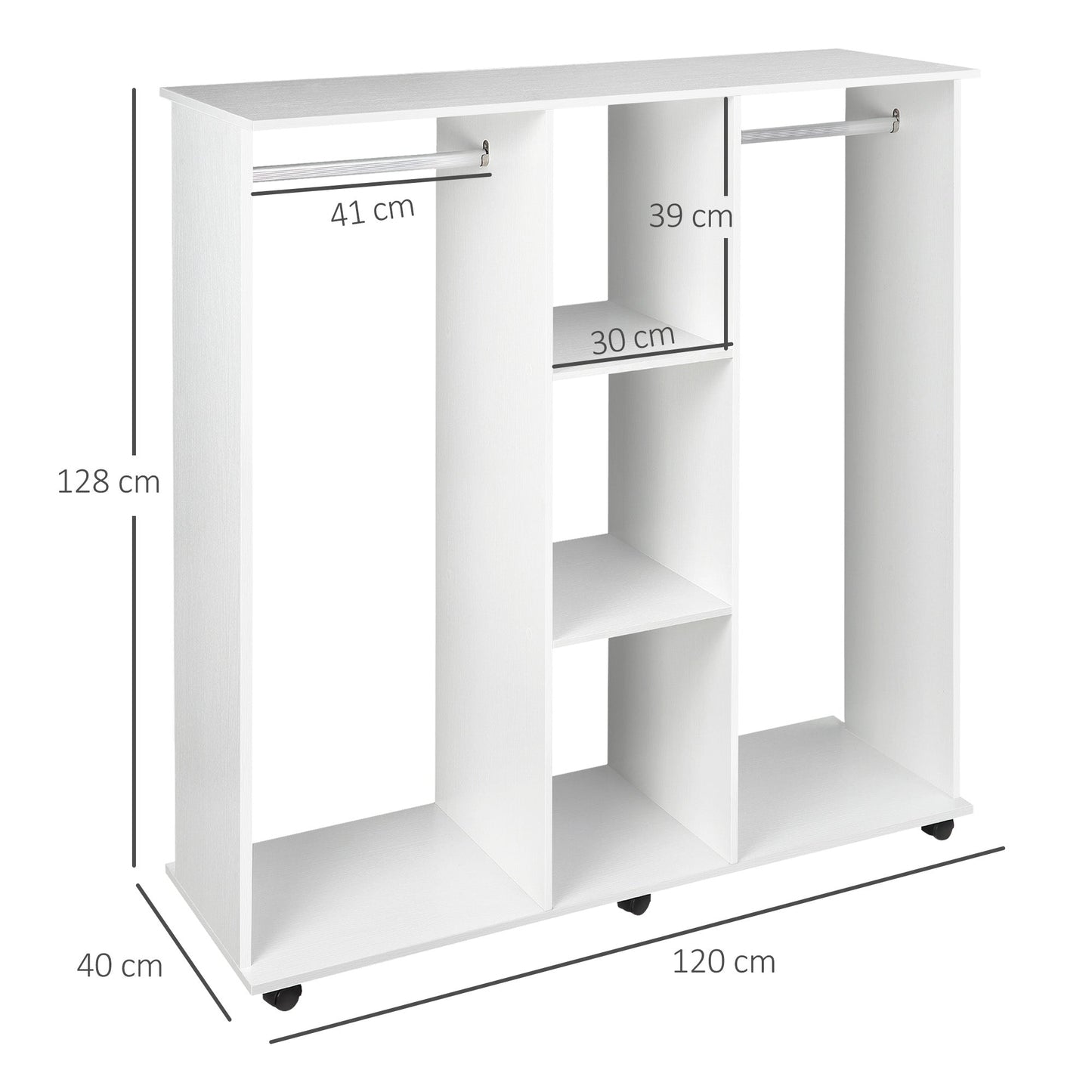 HOMCOM Double Open Wardrobe on Wheels, Bedroom Wardrobe with Clothes Hanging Rails, 3 Storage Shelves, Mobile Garment Rack for Cloakroom, Hallway, White