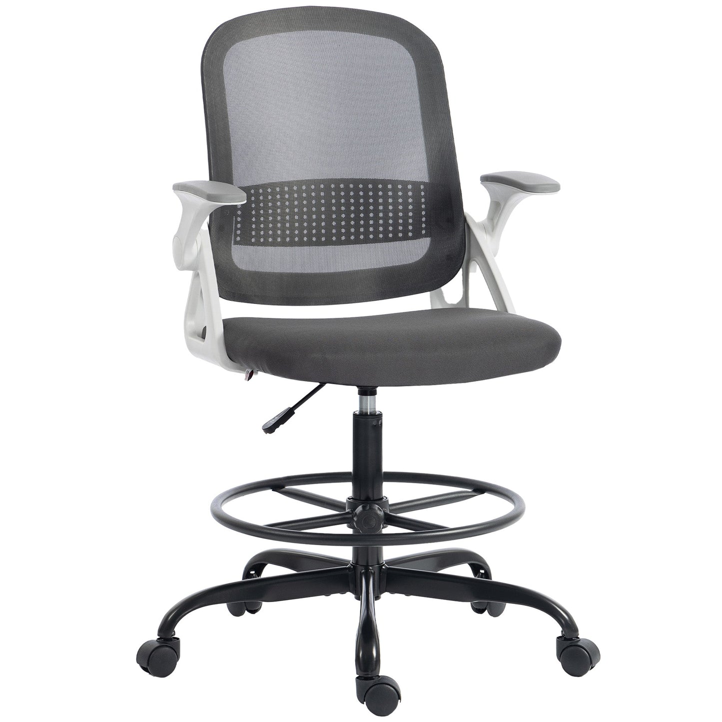 Drafting Chair, Mesh Standing Desk Chair with Flip-up Armrests, Adjustable Height and Footrest, Lumbar Support, Rolling Wheels for Home Office, Grey