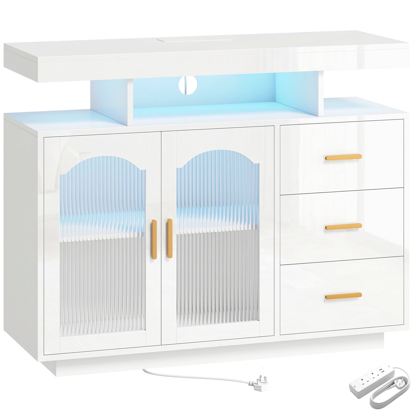 High Gloss Sideboard with LED Lights, Built-in Power Outlets, Modern Storage Cabinet with 3 Drawers, Shelves and 2 Acrylic Doors, Soft-Close TV Stand Unit for 72-Inch TVs, Living Room, White