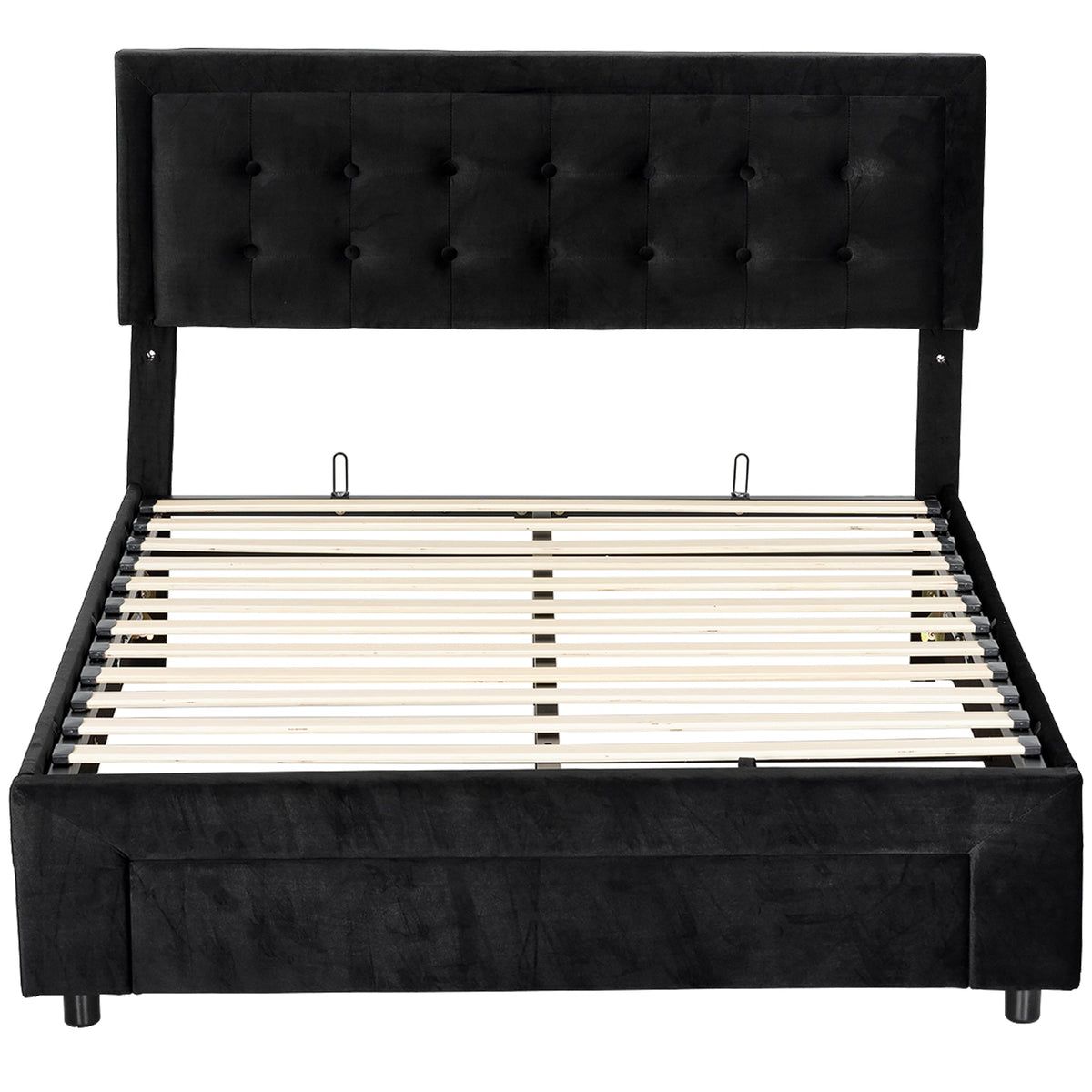 King Size Ottoman Bed Frame, 5ft Gas Lift Storage Bed with 2-Level Adjustable Velvet Upholstered Headboard, Wheeled Drawer and Wooden Slats, No Mattress, Black