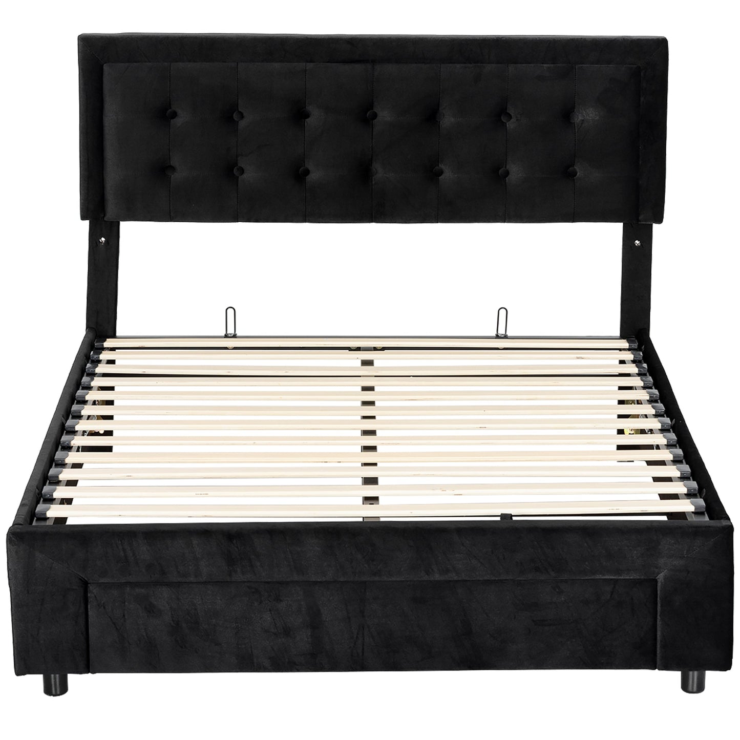 King Size Ottoman Bed Frame, 5ft Gas Lift Storage Bed with 2-Level Adjustable Velvet Upholstered Headboard, Wheeled Drawer and Wooden Slats, No Mattress, Black
