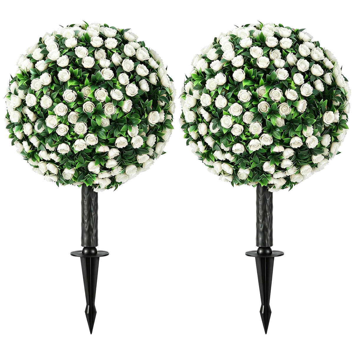 Set of 2 55 cm Artificial Rose Topiary with Ground Stake, UV-Resistant Fake Plants with 306 Roses and Leaves for Indoor Outdoor Home Office Garden Decor, White