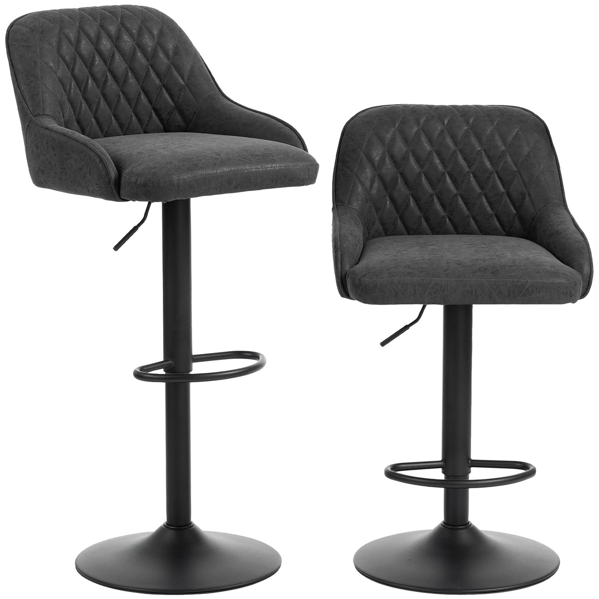 Breakfast Bar Stools Set of 2 with Wide Padded Seat, PU Leather Adjustable Swivel Bar Chairs, Modern Barstools with Footrest for Kitchen Island Counter, Home Bar, Black