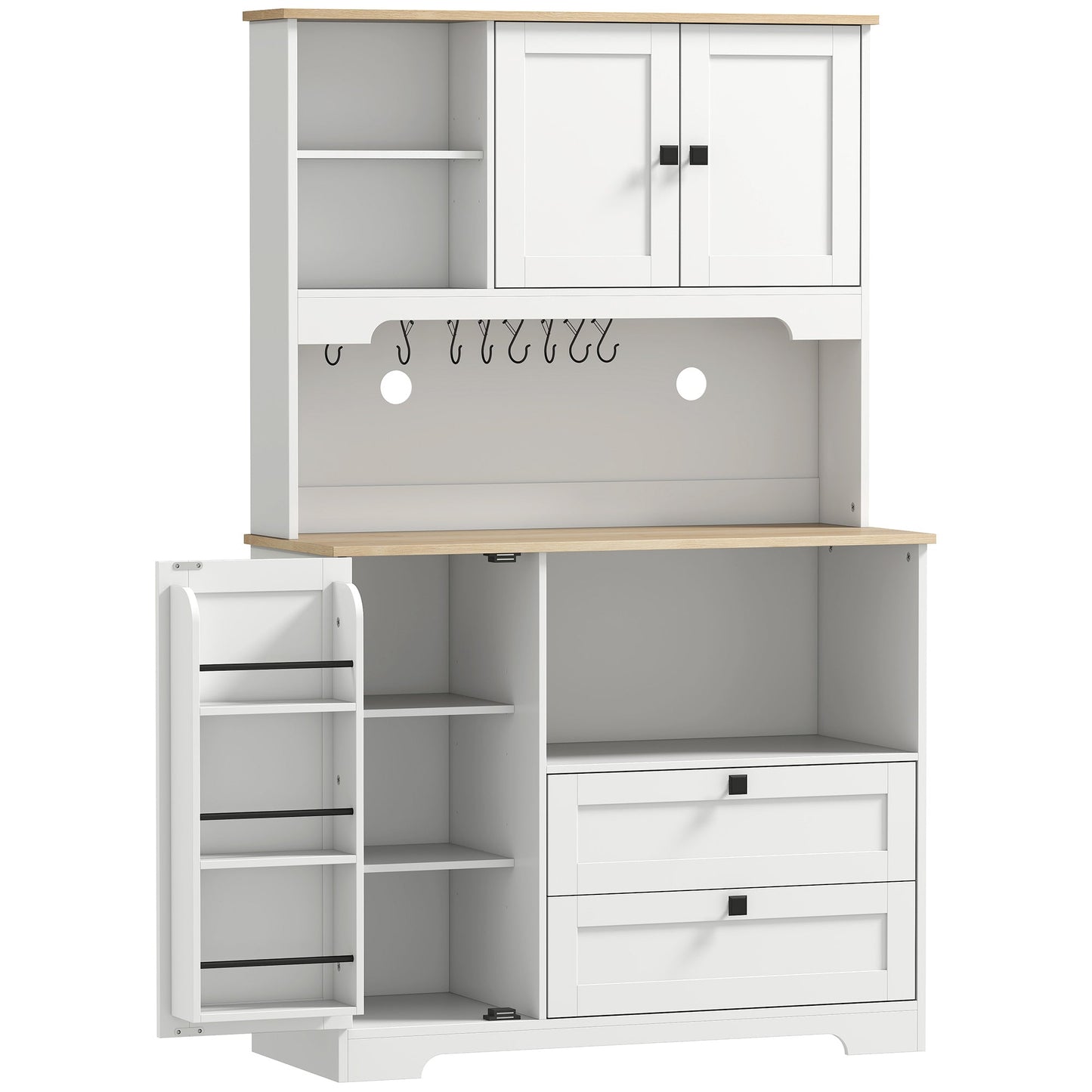 Kitchen Cupboard, Freestanding Kitchen Cabinet with 2 Cabinets, 2 Drawers, Open and Adjustable Shelves, Microwave Stand, Pantry Storage Cupboard for Dining Room and Living Room, White
