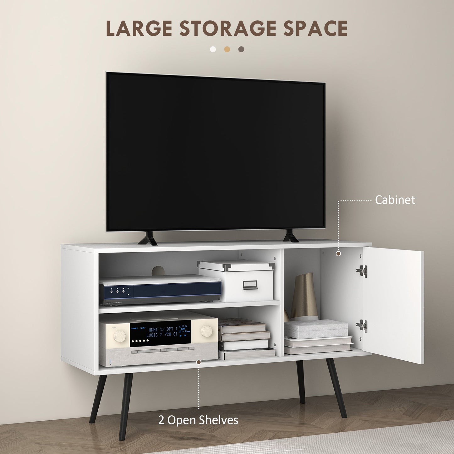 HOMCOM TV Stand Cabinet for 50 Inch TVs, TV Unit with Open Shelves, Soft-close Door and Cable Holes, Entertainment Unit for Living Room, White
