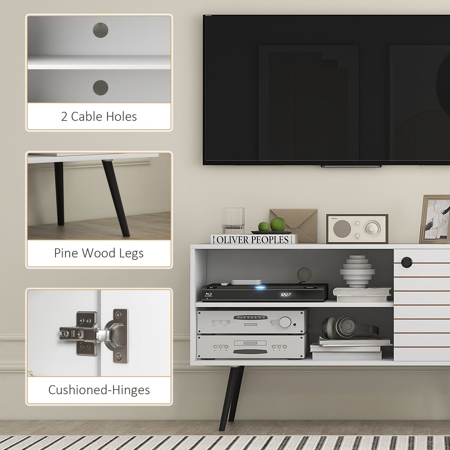 HOMCOM TV Stand Cabinet for 50 Inch TVs, TV Unit with Open Shelves, Soft-close Door and Cable Holes, Entertainment Unit for Living Room, White