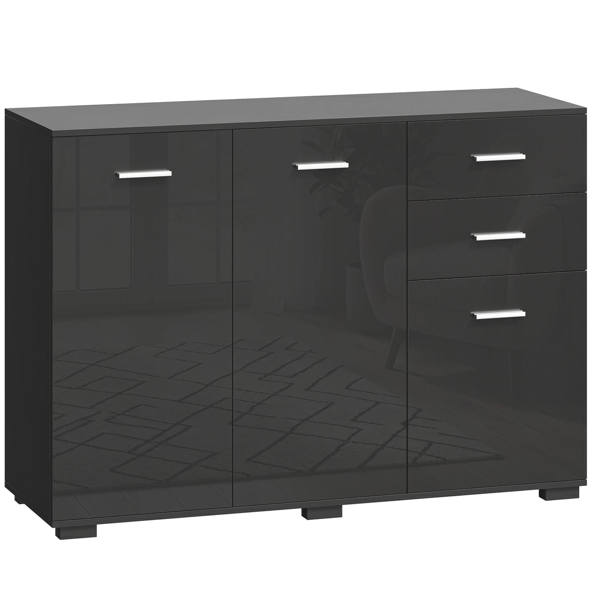 Sideboard, Modern Storage Cabinet with 2 Drawers, 3 Doors and Adjustable Shelves, Kitchen Cabinet for Living Room, Dining Room, High Gloss Black
