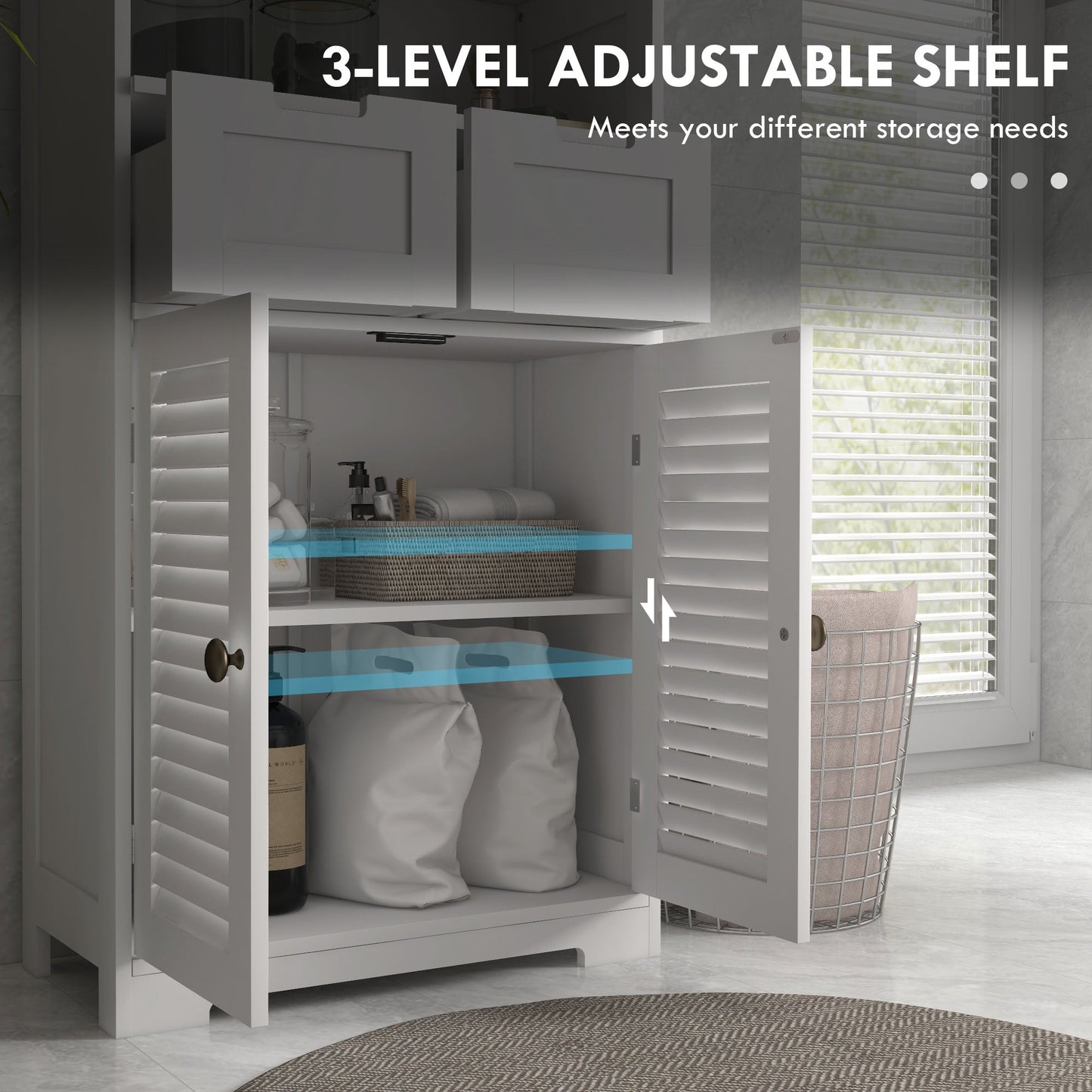 kleankin Bathroom Cabinet with Drawers, Bathroom Storage Cabinet with Louvred Doors, Open Compartment and Adjustable Shelf for Washroom, White