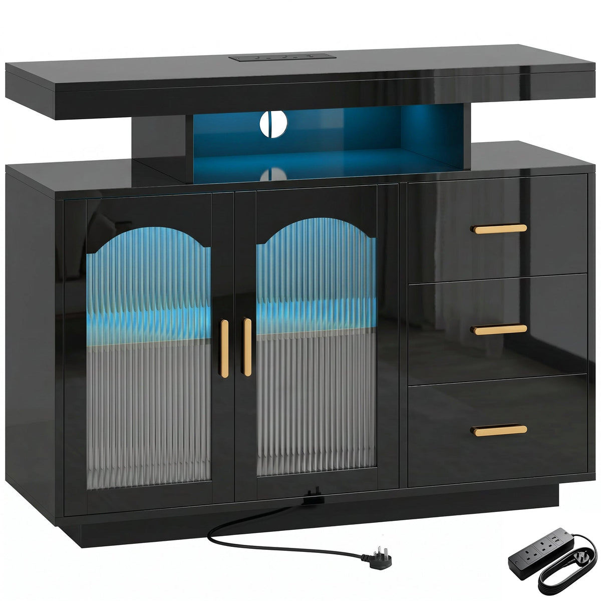 High Gloss Sideboard with LED Lights, Built-in Power Outlets, Modern Storage Cabinet with 3 Drawers, Shelves and 2 Acrylic Doors, Soft-Close TV Stand Unit for 72-Inch TVs, Living Room, Black