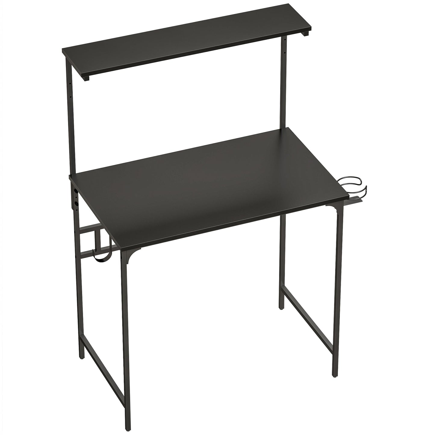 Computer Desk, 80cm Home Office Study Table with Hutch Shelf, Cup Holder, Headphone Hook, Metal Frame, Space Saving Writing Desk, Black