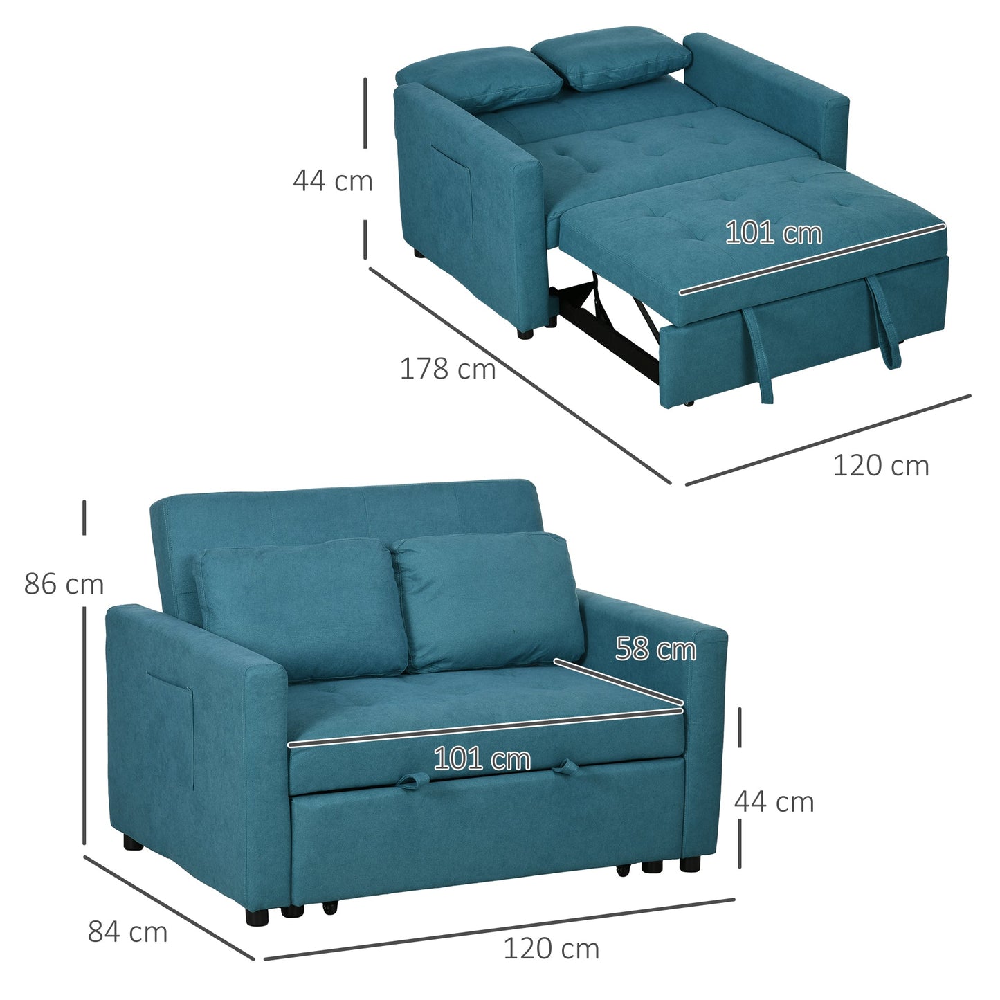 HOMCOM 2 Seater Sofa Bed, Convertible Bed Settee, Modern Fabric Loveseat Sofa Couch with 2 Cushions, Side Pockets for Living Room, Guest Room, Blue