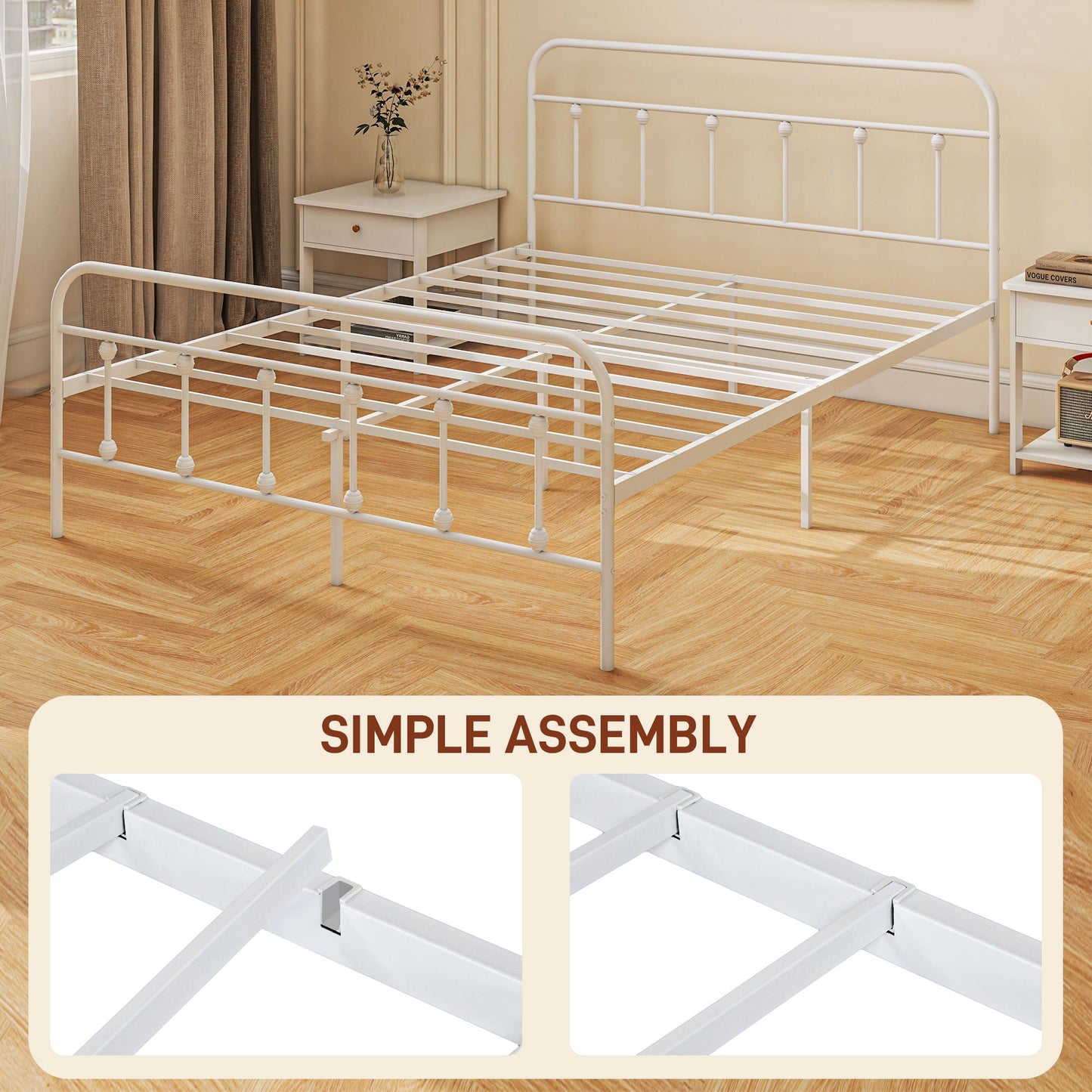 HOMCOM 5ft King Bed Frame with Underbed Storage, Metal Platform Bed frame with Tall Headboard, Footboard and Steel Slat Support, No Box Spring Needed, Easy Assembly, White